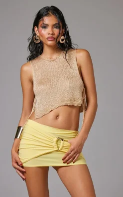 Sorbet Yellow Slinky Ring Detail Low Rise Micro Mini Skirt