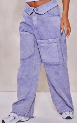Steel Blue Acid Wash Distressed Twill Fold Over Waist Cargo's