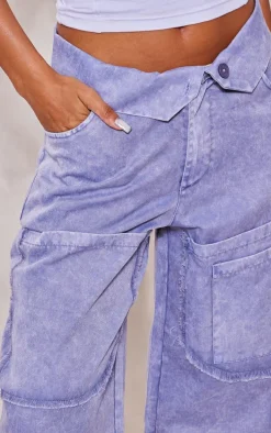 Steel Blue Acid Wash Distressed Twill Fold Over Waist Cargo's