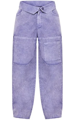 Steel Blue Acid Wash Distressed Twill Fold Over Waist Cargo's