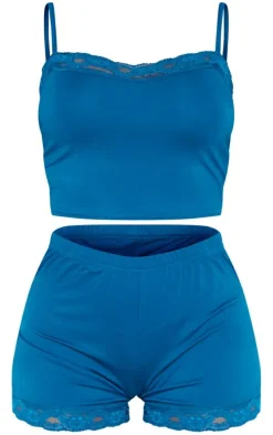 Steel Blue Jersey Lace Trim Short PJ Set