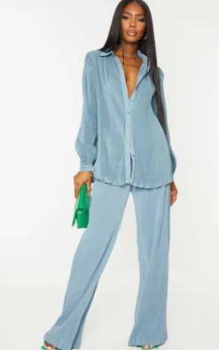 Steel Blue Plisse High Waisted Wide Leg Pants