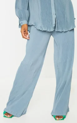 Steel Blue Plisse High Waisted Wide Leg Pants