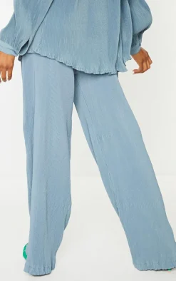 Steel Blue Plisse High Waisted Wide Leg Pants