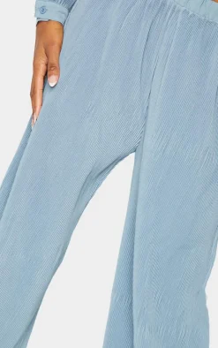 Steel Blue Plisse High Waisted Wide Leg Pants