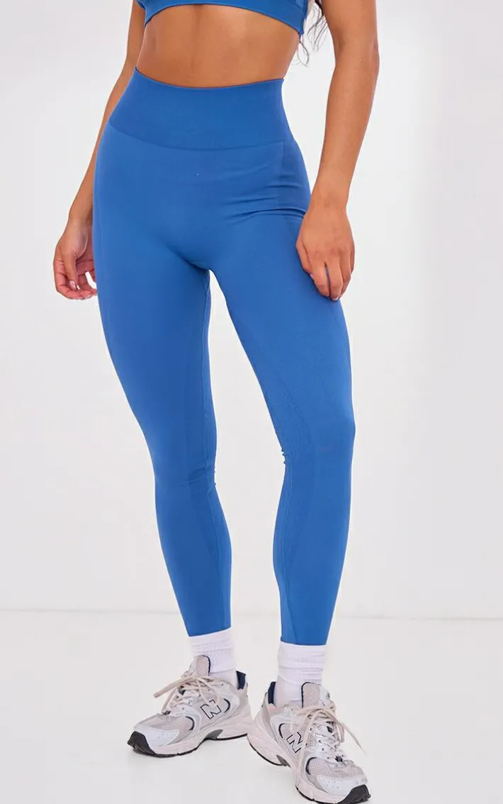 Steel Blue Seamless Contrast Rib High Waist Leggings