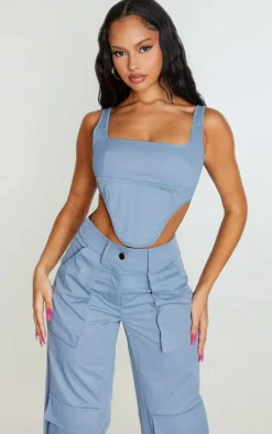 Steel Blue Twill Dip Hem Structured Cargo Corset
