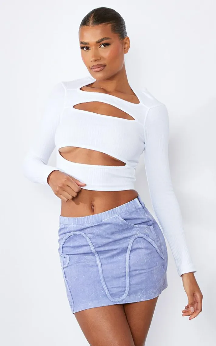 Steel Blue Washed Twill Piping Detail Mini Skirt