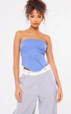 Steel Blue Woven Dip Hem Buckle Detail Top