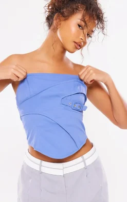 Steel Blue Woven Dip Hem Buckle Detail Top