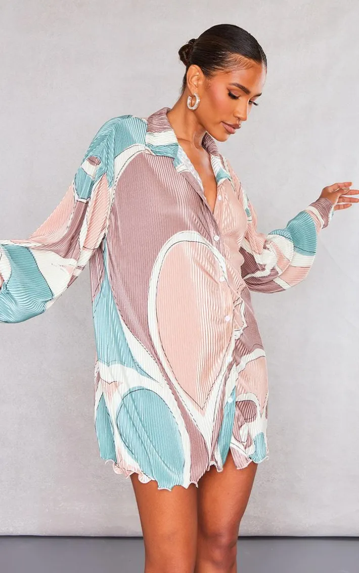 Stone Abstract Print Plisse Frill Hem Shirt Dress