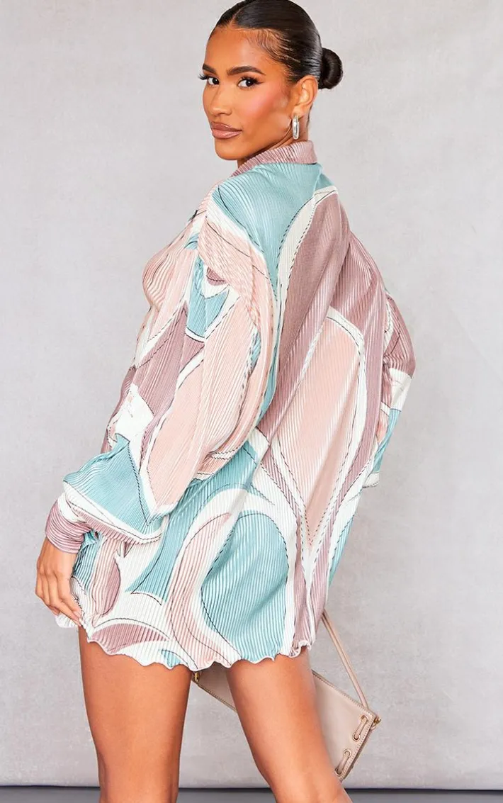 Stone Abstract Print Plisse Frill Hem Shirt Dress