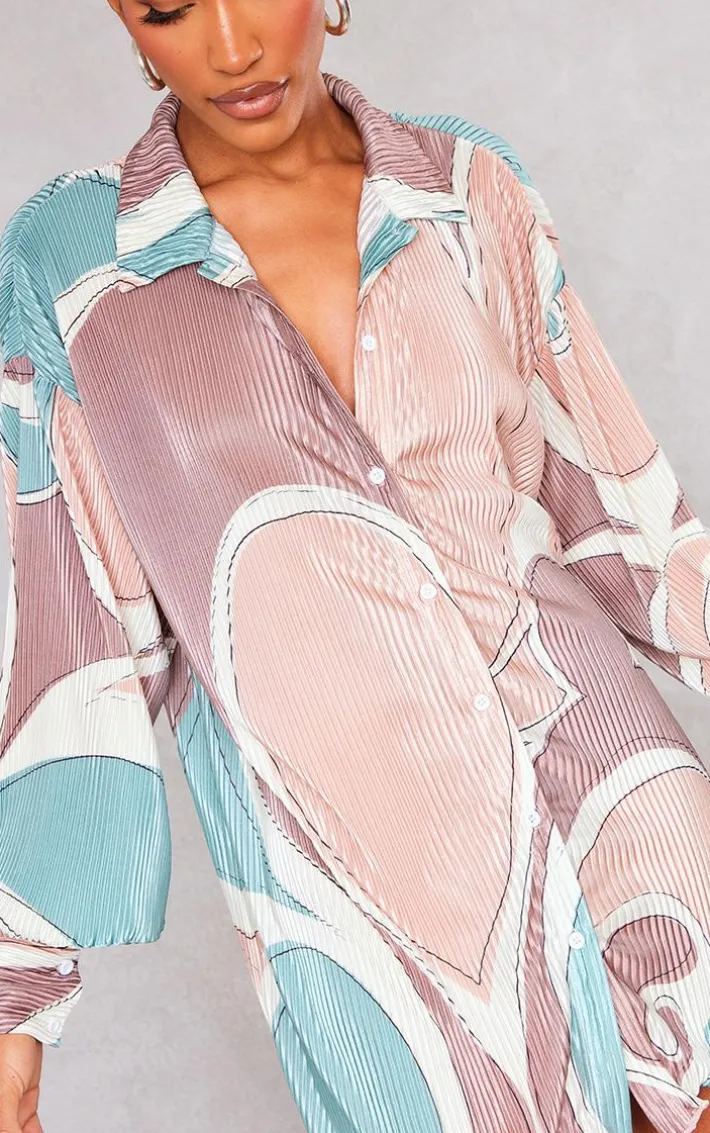 Stone Abstract Print Plisse Frill Hem Shirt Dress