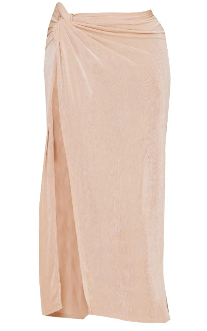 Stone Acetate Slinky Ruched Knot Side Midaxi Skirt