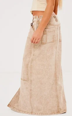 Stone Acid Wash Twill Raw Hem Maxi Skirt