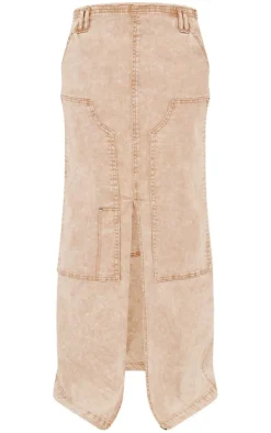 Stone Acid Wash Twill Raw Hem Maxi Skirt