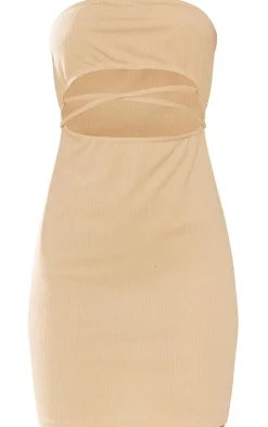 Stone Bandeau Cut Out Front Crinkle Rib Bodycon Dress