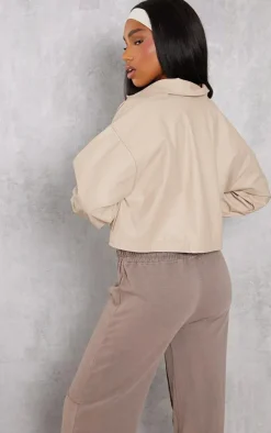 Stone Basic Patch Pocket Front Cropped Faux Leather Jacket