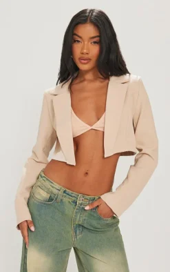 Stone Basic Woven Seam Detail Cropped Blazer