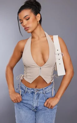 Stone Cargo Lace Up Side Zip Up Crop Top