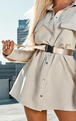 Stone Cargo Oversized Popper Front Shirt Dress