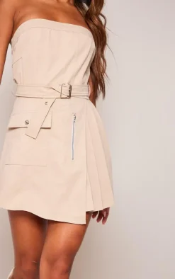 Stone Cargo Pleated Wrap Belted Bodycon Dress