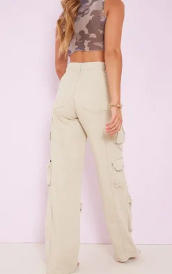 Stone Cargo Pocket Detail Wide Leg Jeans