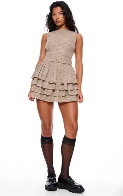 Stone Check Belted Frill Hem Shift Dress