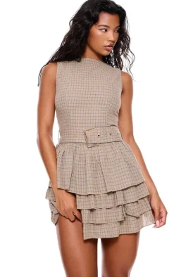 Stone Check Belted Frill Hem Shift Dress