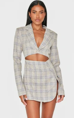 Stone Check Cut Out Long Sleeved Blazer Dress