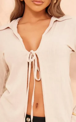 Stone Cheesecloth Tie Front Long Sleeve Shirt