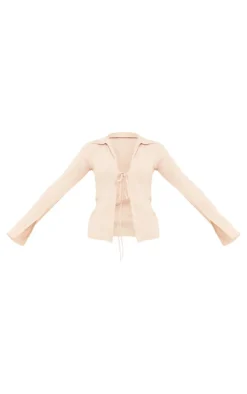 Stone Cheesecloth Tie Front Long Sleeve Shirt