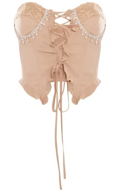 Stone Chiffon Boned Diamante Trim Lace Up Bandeau Crop Top