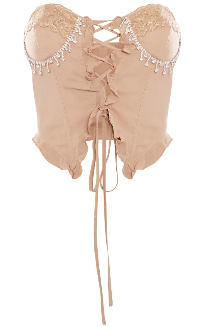 Stone Chiffon Boned Diamante Trim Lace Up Bandeau Crop Top