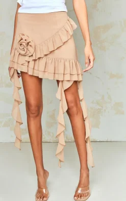 Stone Chiffon Rose Trim Ruffle Hem Mini Skirt