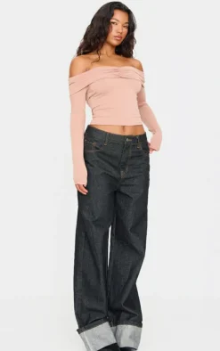 Stone Contour Jersey Ruched Foldover Bardot Crop Top