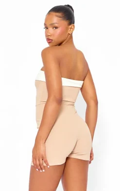 Stone Contrast Fold Over Bandeau Romper