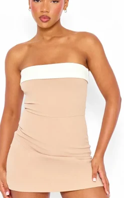 Stone Contrast Fold Over Bandeau Romper