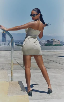 Stone Contrast Stitch Strap Detail Wrap Skirt Bandeau Bodycon Dress