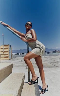 Stone Contrast Stitch Strap Detail Wrap Skirt Bandeau Bodycon Dress