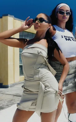 Stone Contrast Stitch Strap Detail Wrap Skirt Bandeau Bodycon Dress