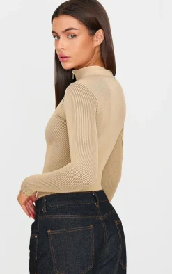 Stone Contrast Snatched Rib Zip Up Long Sleeve Bodysuit