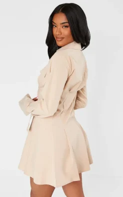 Stone Cotton Poplin Pleated Flared Sleeve Shirt Dress