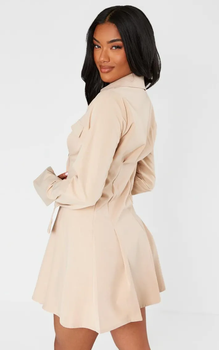 Stone Cotton Poplin Pleated Flared Sleeve Shirt Dress