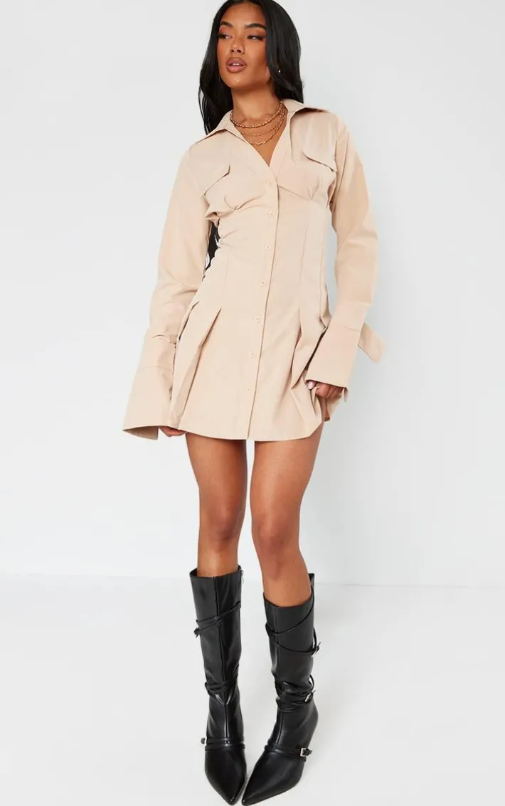 Stone Cotton Poplin Pleated Flared Sleeve Shirt Dress