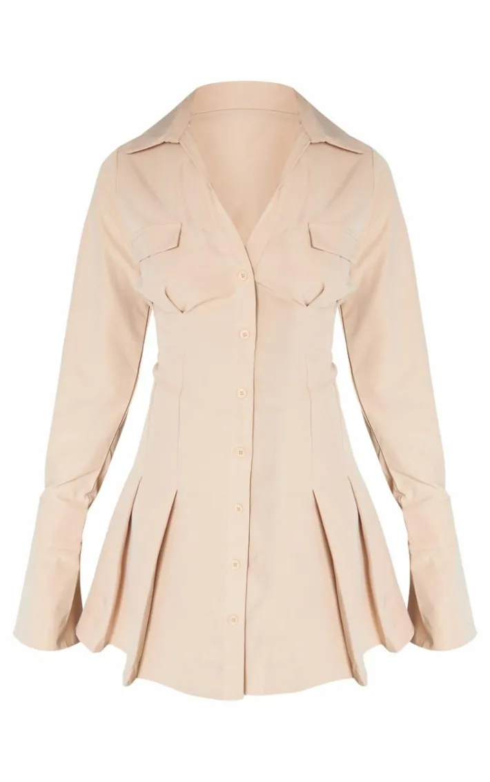 Stone Cotton Poplin Pleated Flared Sleeve Shirt Dress