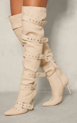Stone Denim Point Toe Buckled Over The Knee Heeled Boots