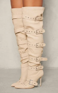 Stone Denim Point Toe Buckled Over The Knee Heeled Boots