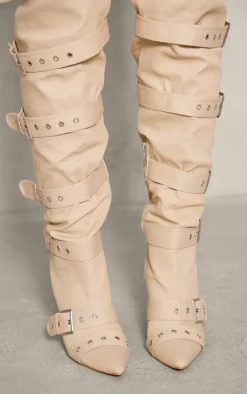 Stone Denim Point Toe Buckled Over The Knee Heeled Boots
