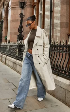 Stone Detachable Hem Faux Leather Trench Coat